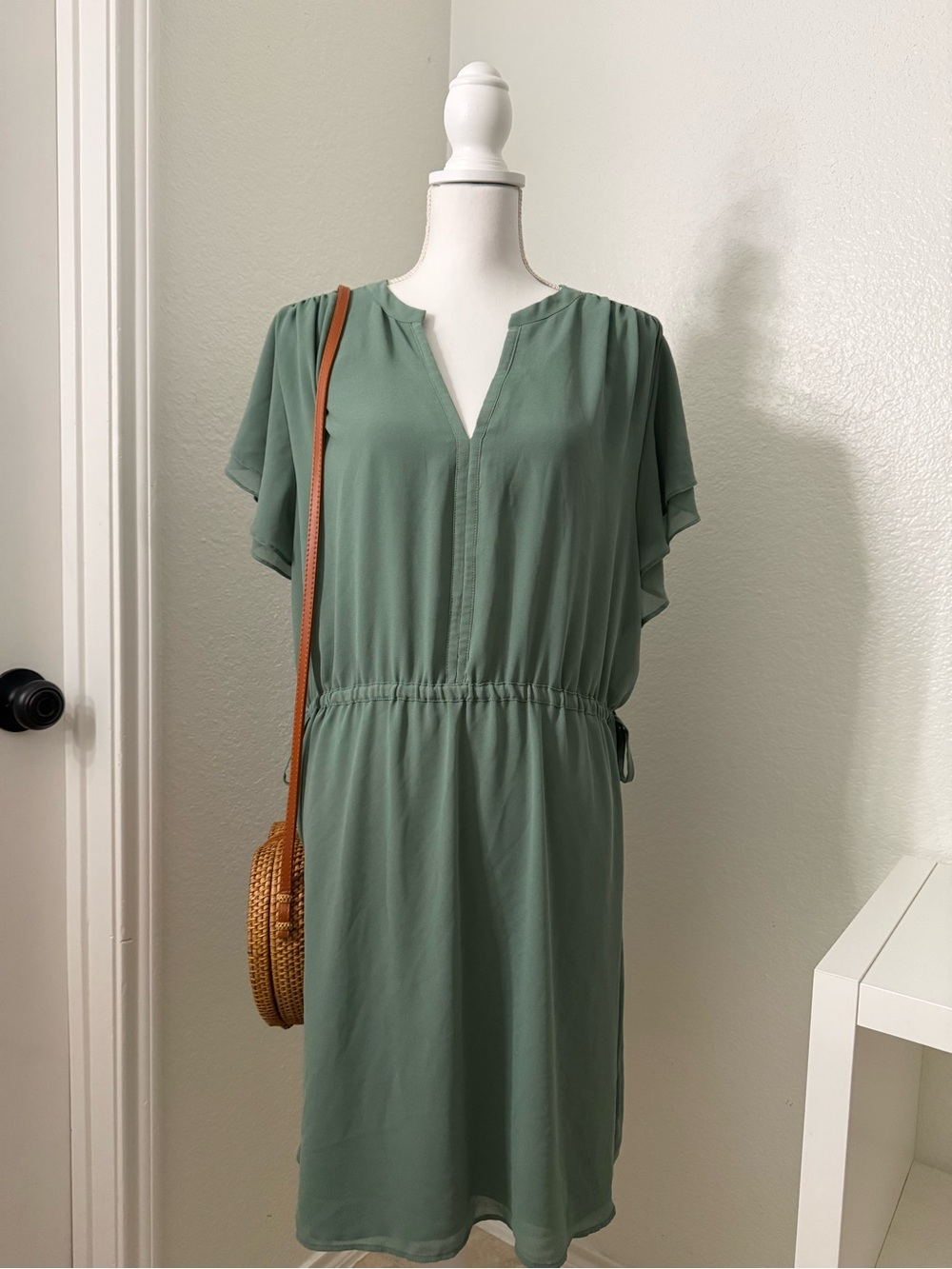 H&M Sage Green Short Sleeve V-Neck βDrawstringβ Dress